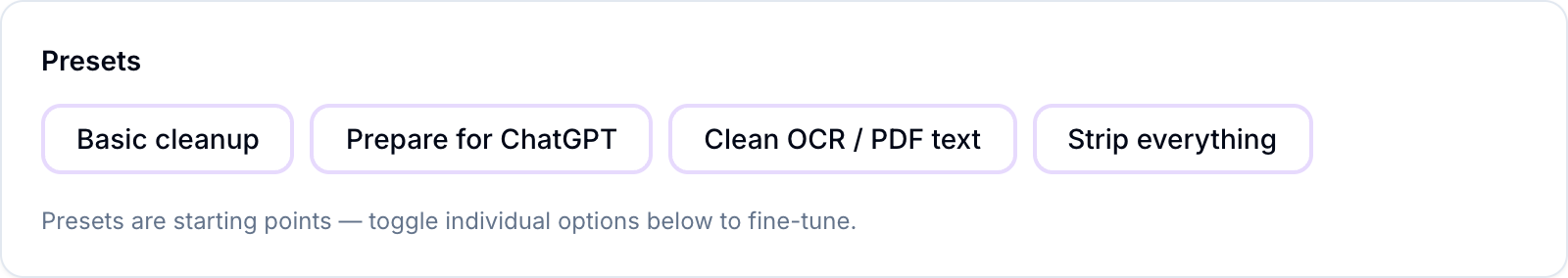 The Text Cleaner presets, including Clean OCR / PDF text