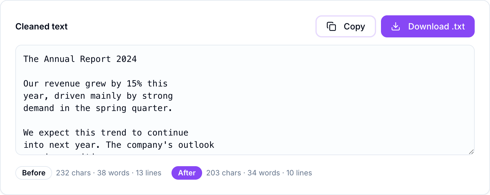 The cleaned text with page numbers removed, spacing fixed, and the apostrophe repaired