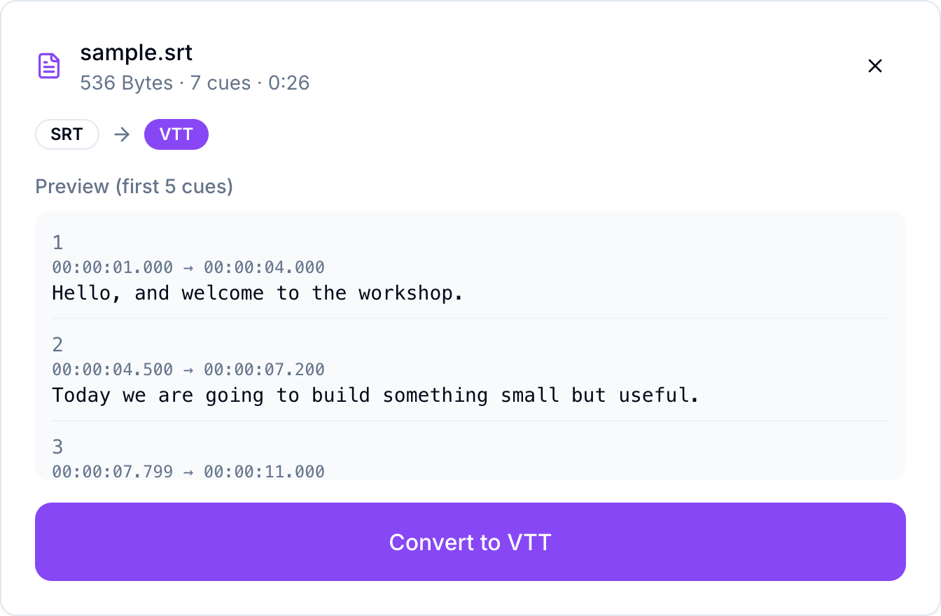 The loaded file showing the SRT to VTT conversion direction and a preview of the cues