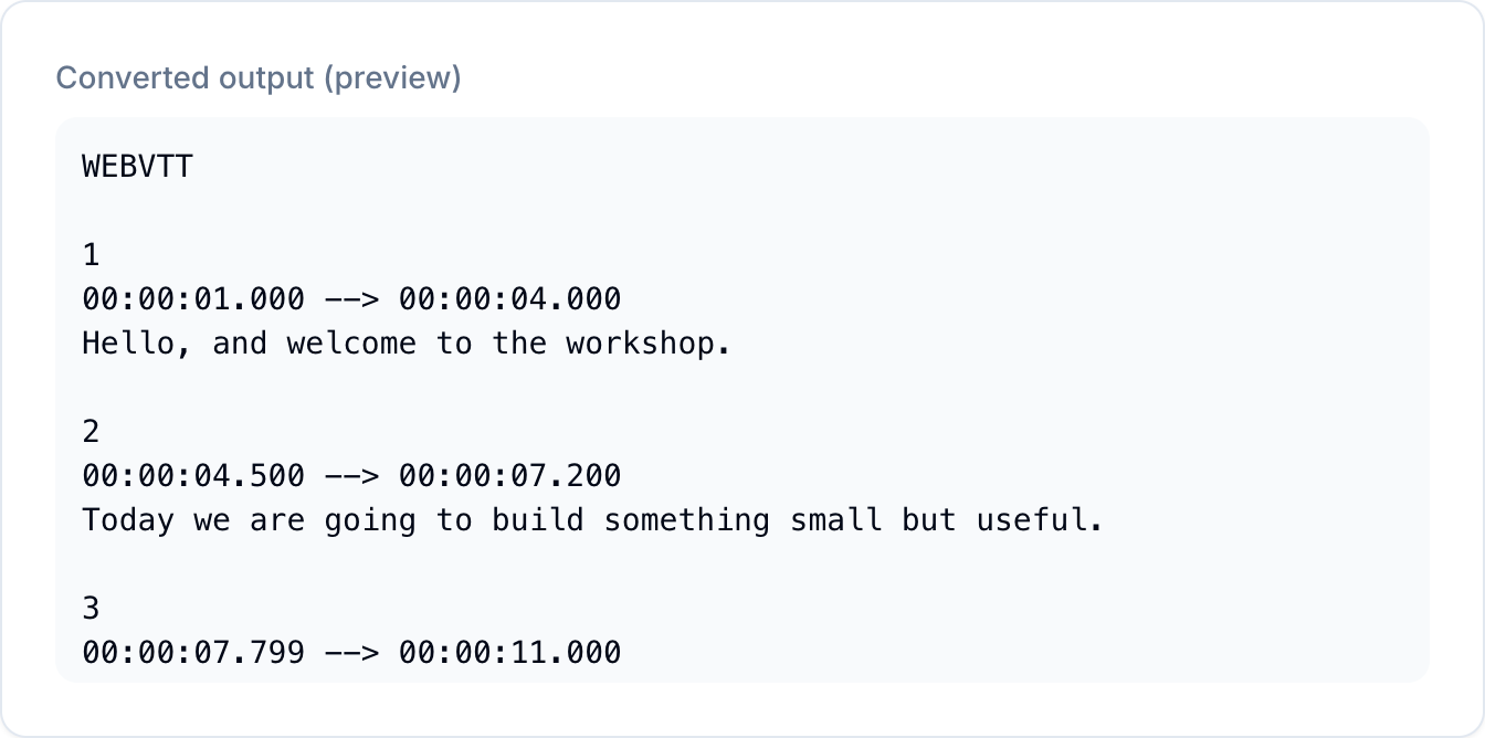 The converted WEBVTT output with the same timings as the original SRT