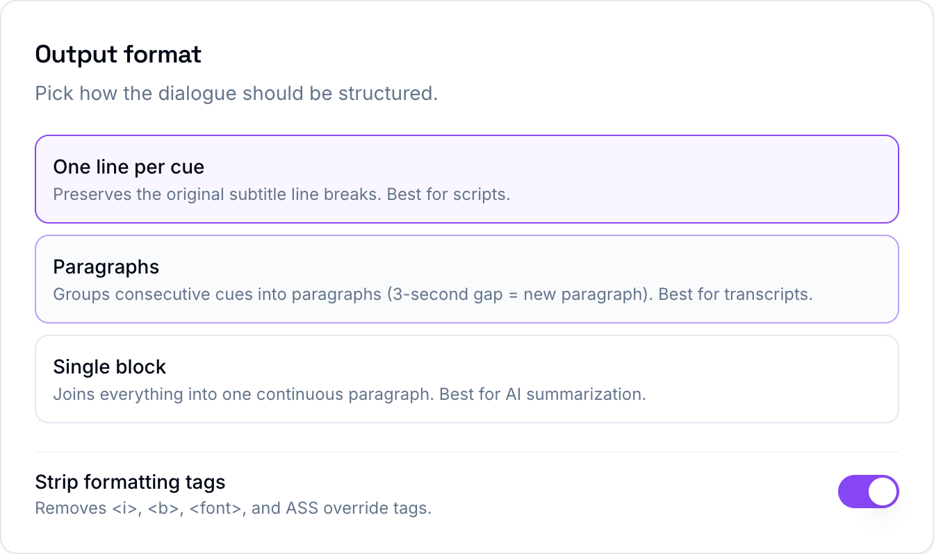 The output format options: one line per cue, paragraphs, or a single block