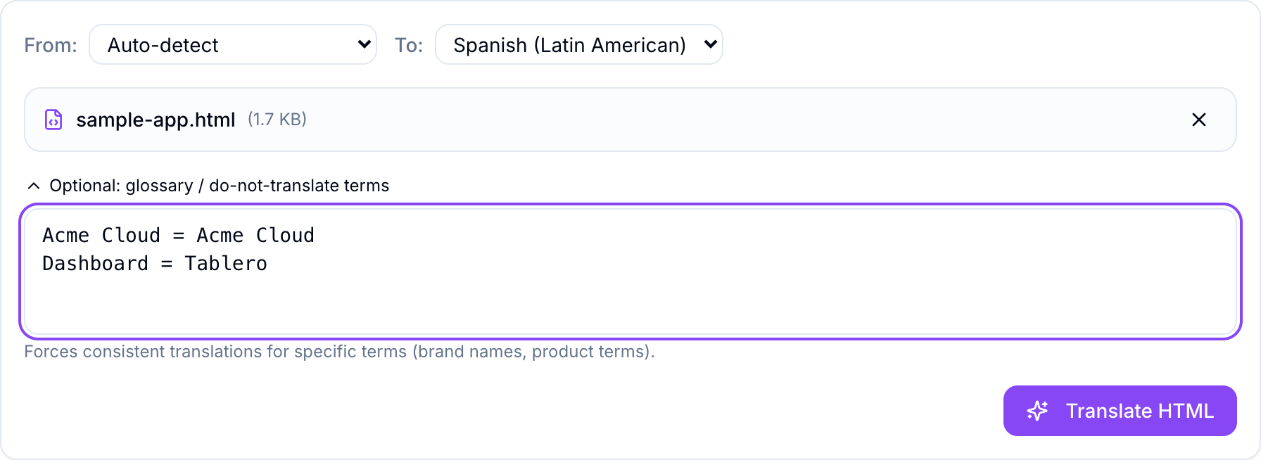 The HTML Translator glossary panel with two rules: Acme Cloud kept as-is, Dashboard set to Tablero