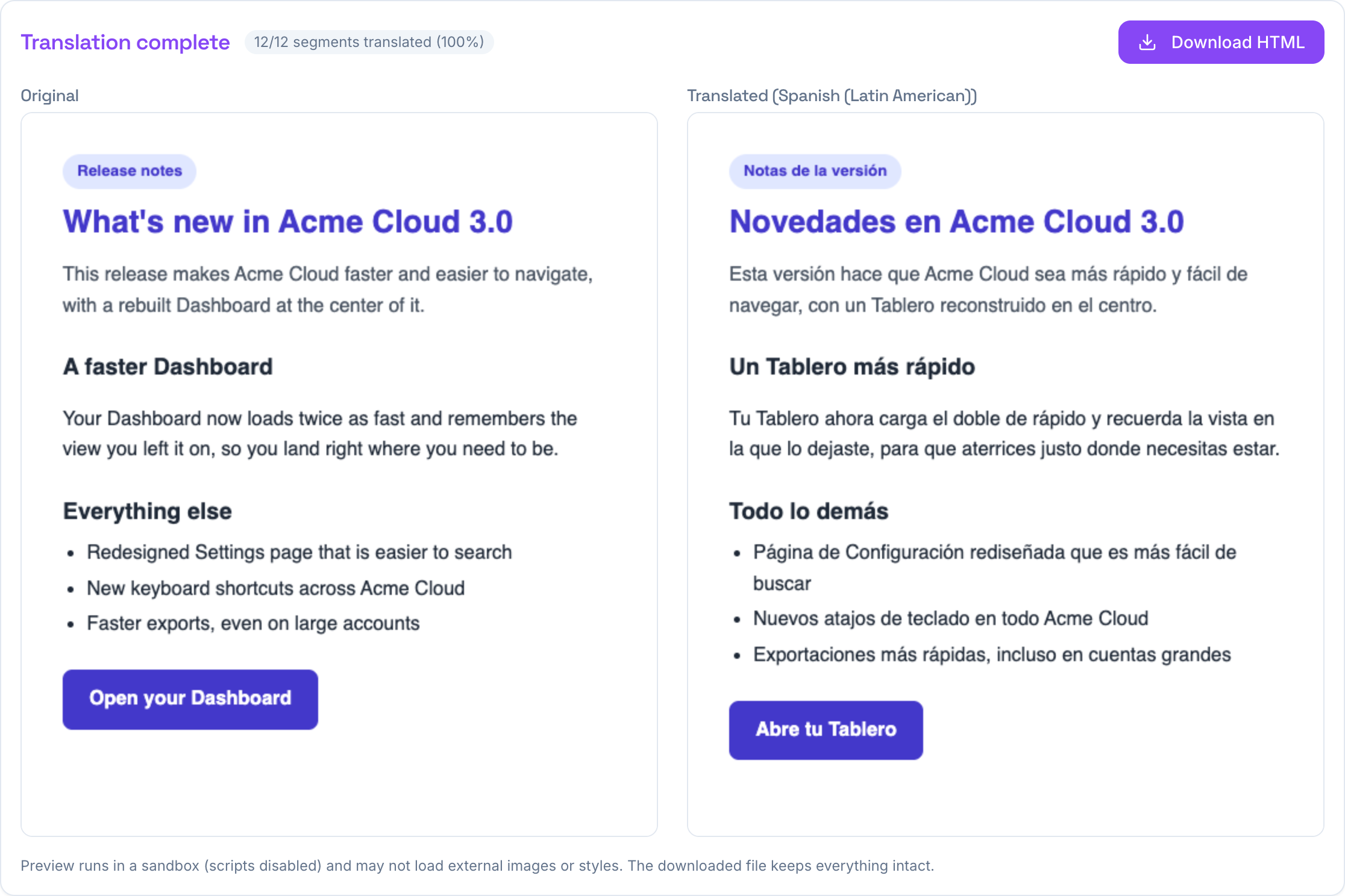 The English release page and its Spanish translation side by side, with Acme Cloud kept and Dashboard rendered as Tablero everywhere