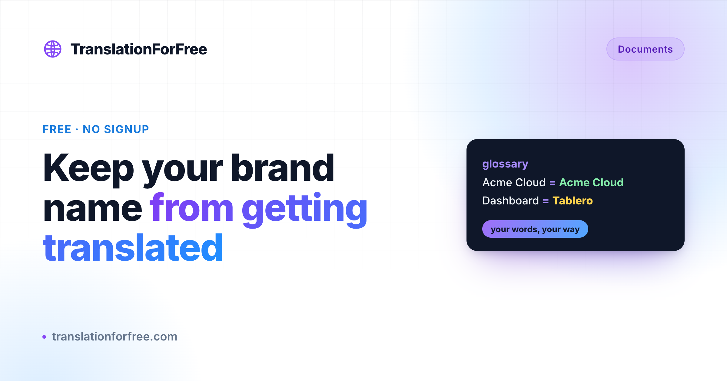A glossary pinning Acme Cloud to stay unchanged and Dashboard to translate as Tablero