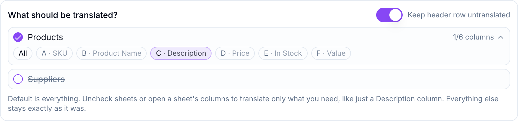 The scope panel narrowed down to only the Description column of the Products sheet, with the Suppliers sheet unticked and the header row kept