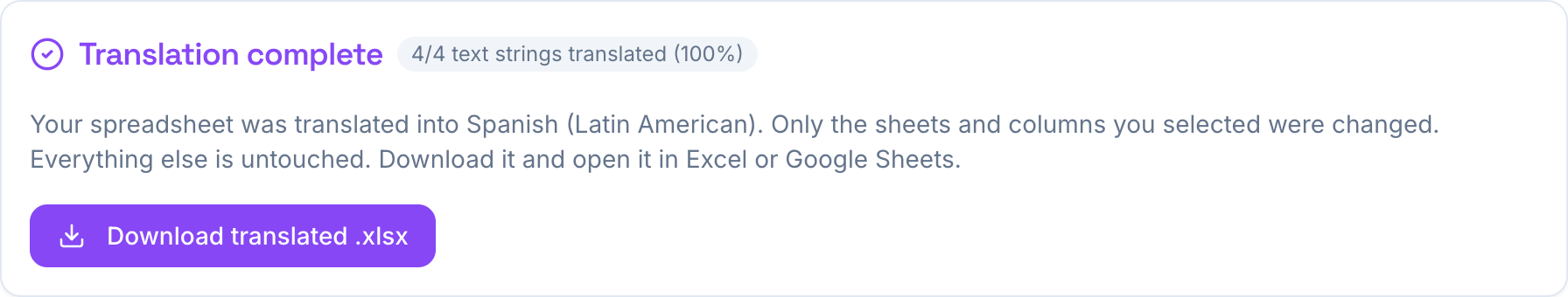The finished translation showing all selected text strings translated and the download button