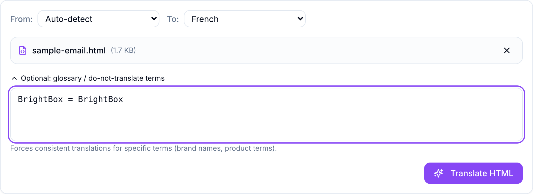 The loaded email template with French selected and BrightBox pinned in the glossary so it is never translated