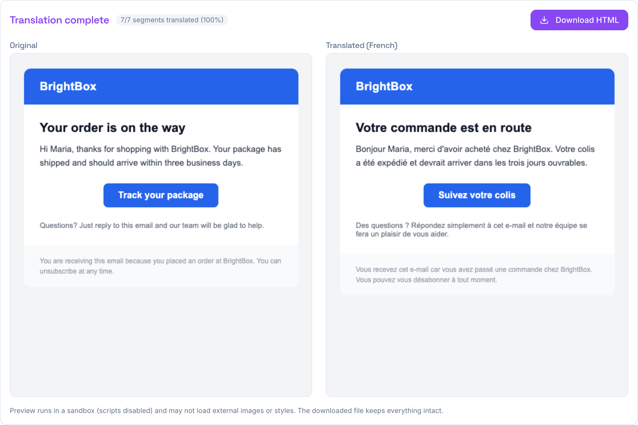 The English and French versions of the email side by side, layout identical, brand name preserved, 7 of 7 segments translated