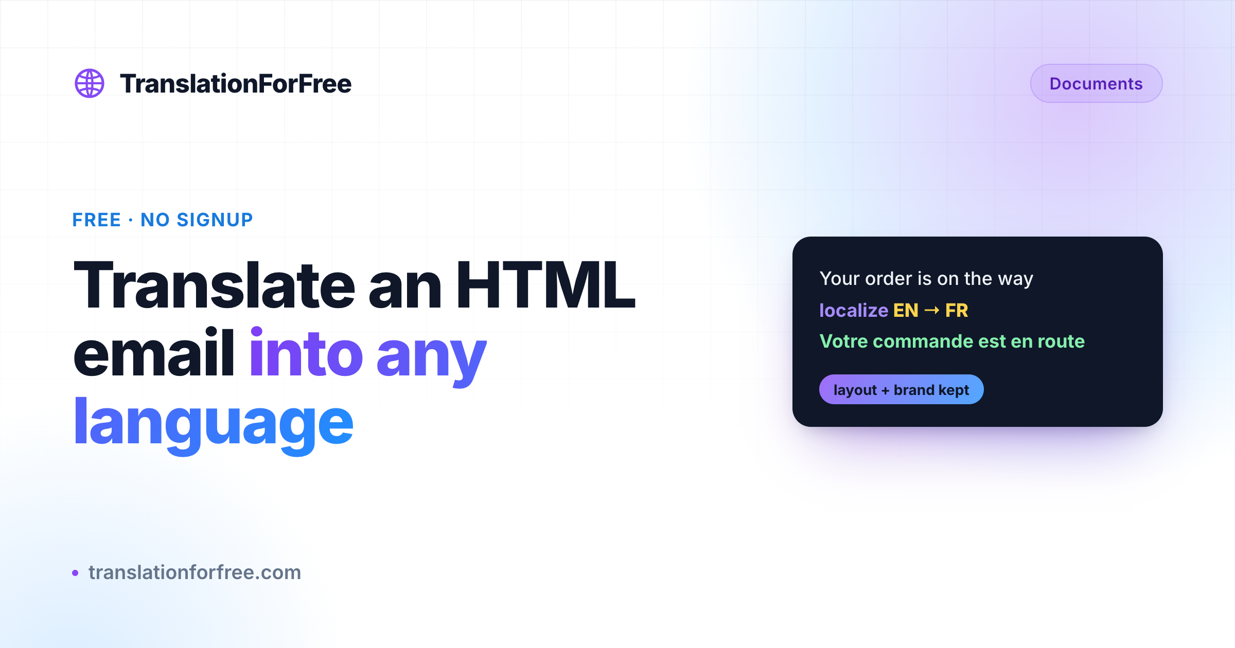 An HTML email headline translated from English to French with the layout and brand name preserved