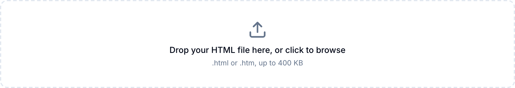 The HTML Translator upload zone, accepting an .html or .htm file up to 400 KB