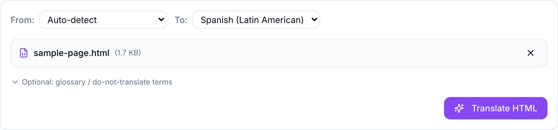 The loaded HTML file with source and target language selectors above it