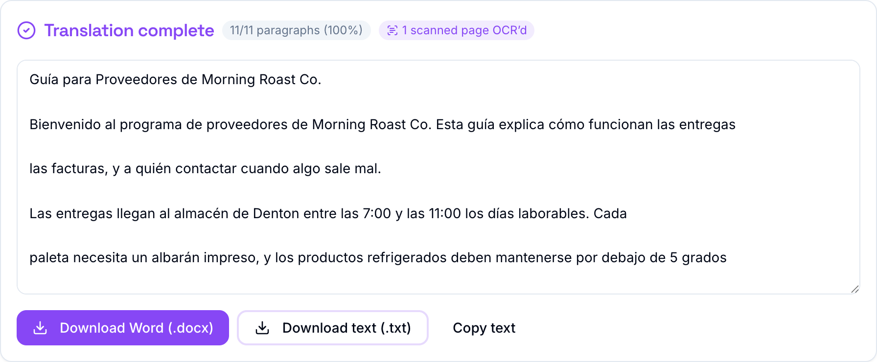 The finished translation with the scanned-page OCR badge, the Spanish preview, and the Word and text download buttons
