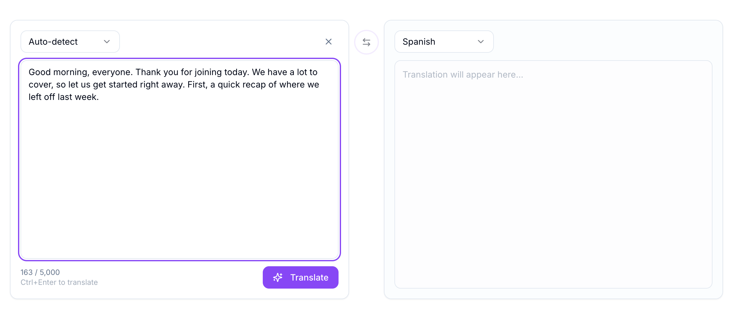 The text translator with an English paragraph entered and Spanish selected