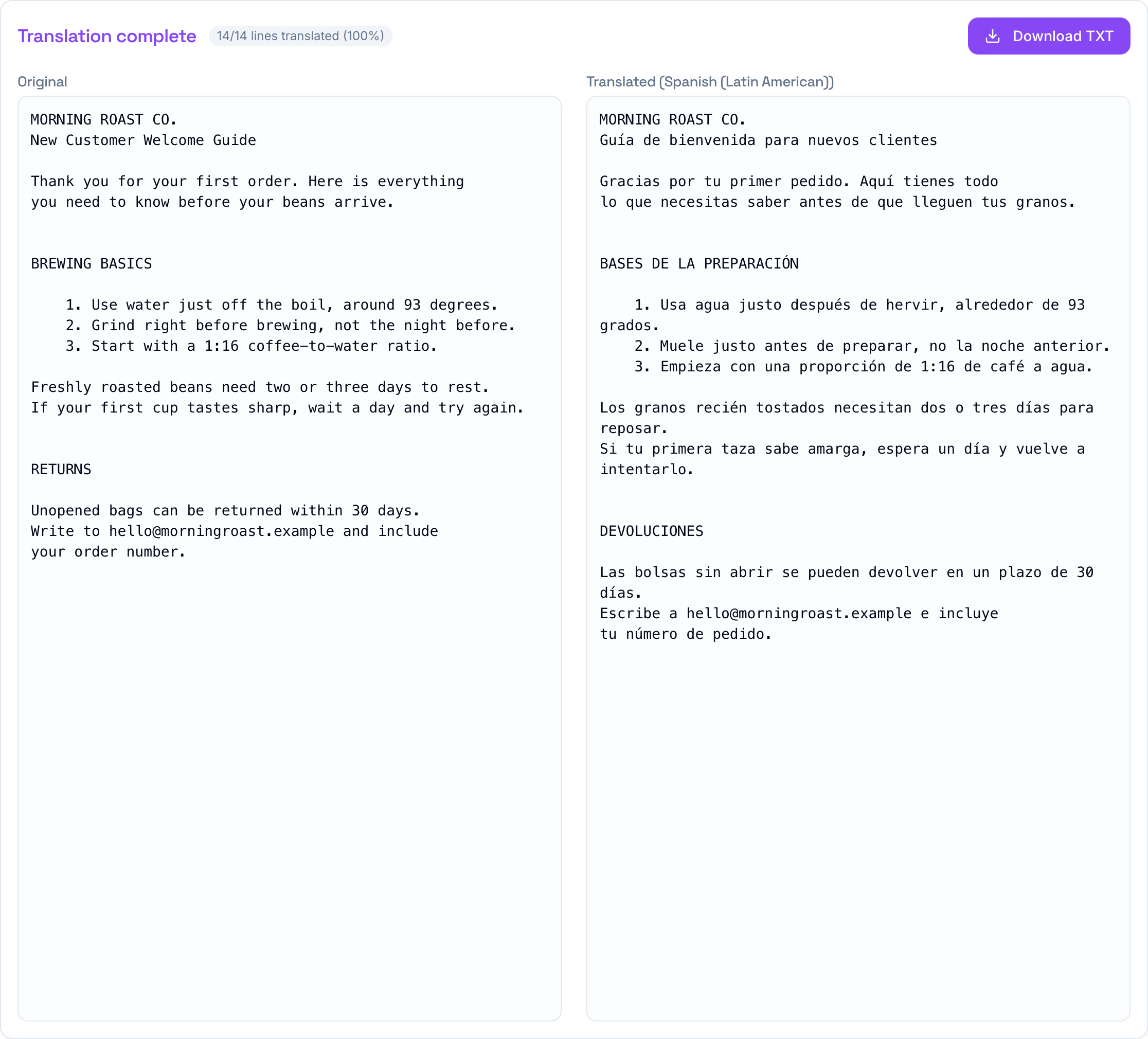 The original and Spanish translation side by side, with headings, blank lines, and the indented list all in the same positions